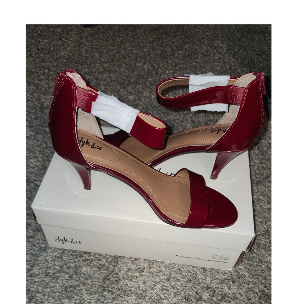 Style & Co Paycee Wine Red Patent Kitten Heel Ankle Strap Sandals Womens 10M